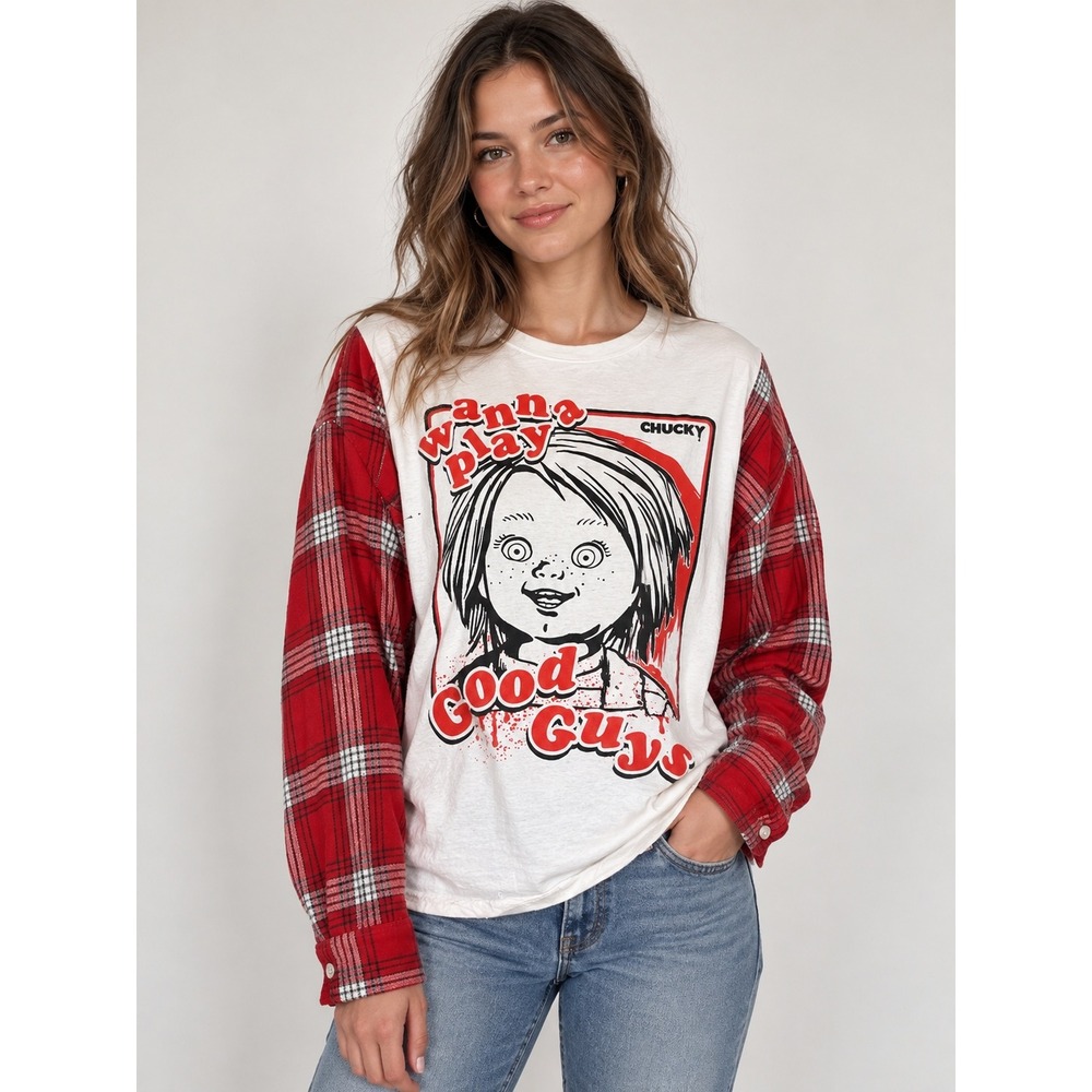 Custom Reworked Chucky Wanna Play Reworked Horror Graphic Plaid Flannel Top O/S